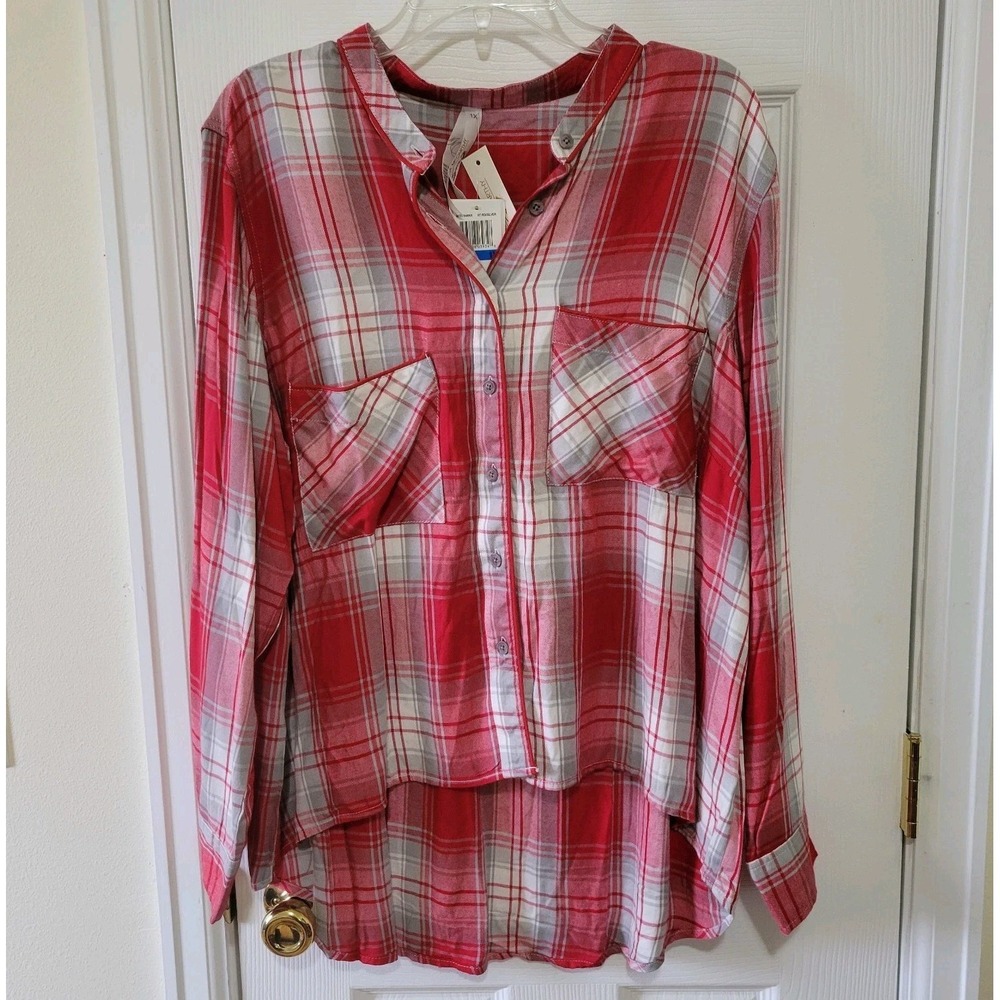 Melissa McCarthy Seven7 Blouse Size 1X Red Plaid‎ Hi Low Hem